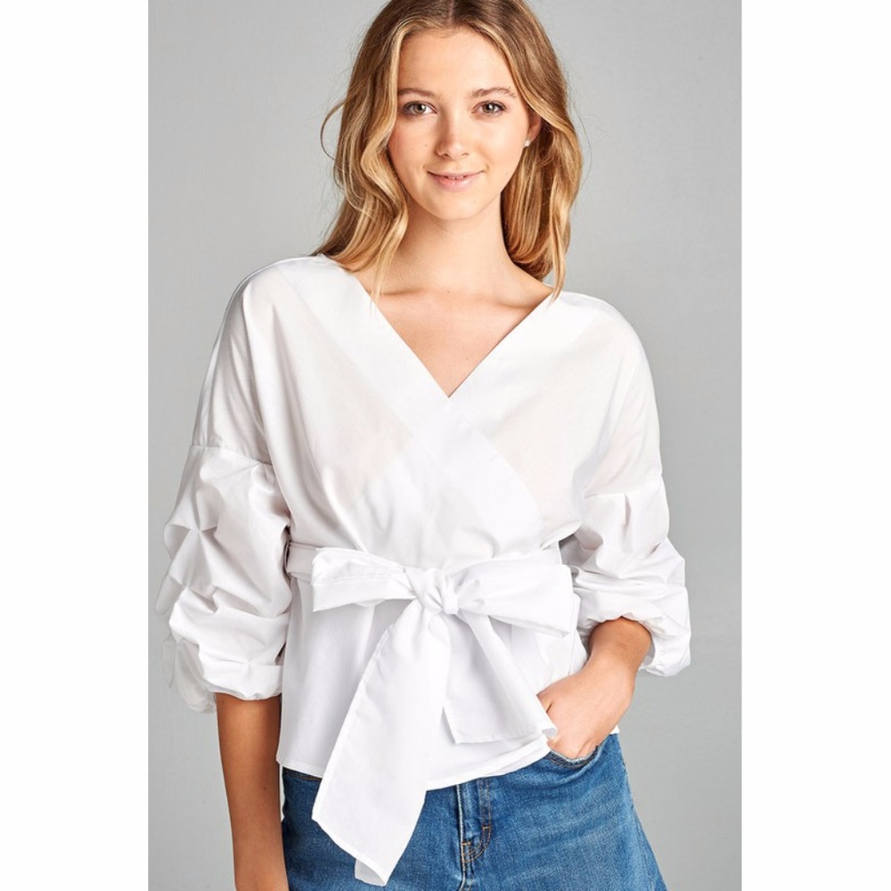 White Wrap Tie-Waist Blouse - Women